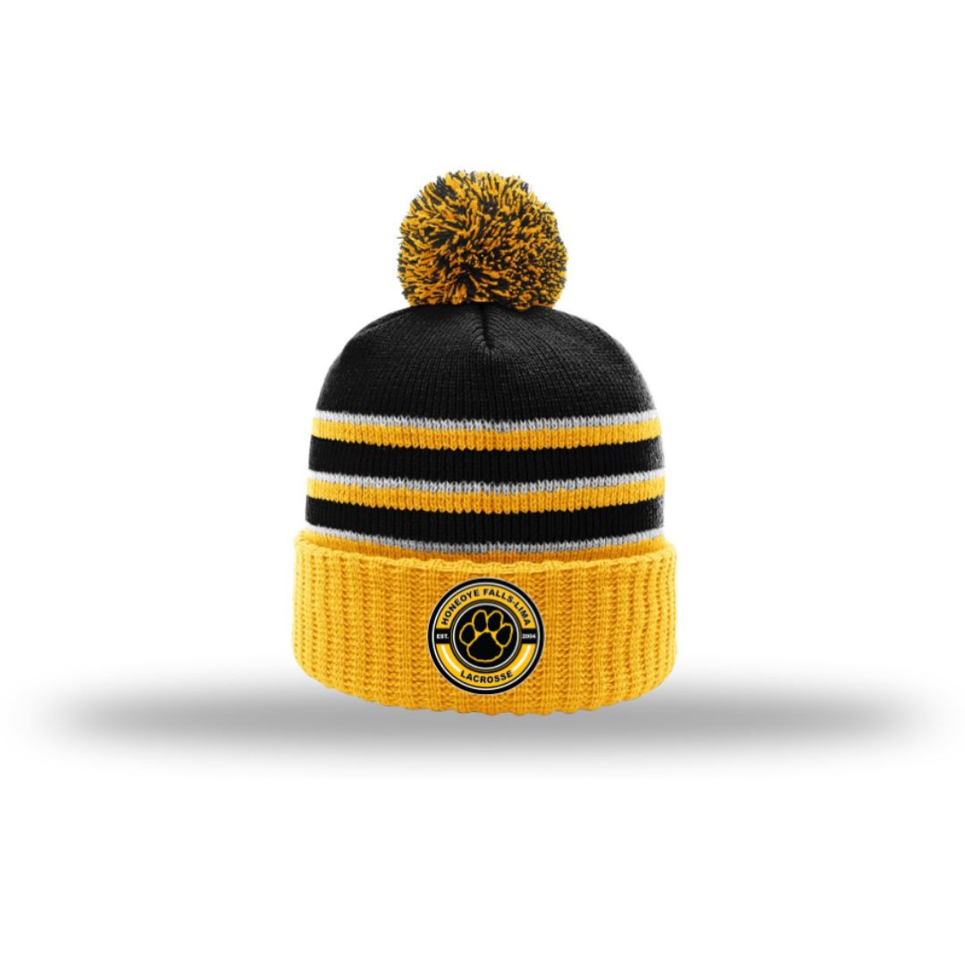 STRIPED BEANIE W/ CUFF & POM - BLACK/GOLD/WHITE